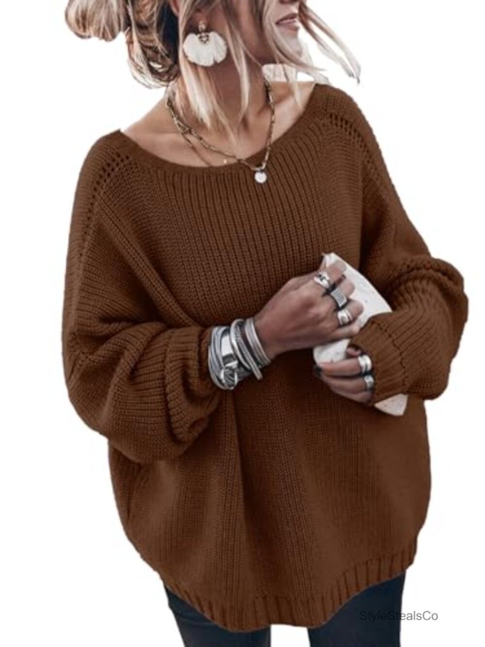 Oversized Cotton Knit Pullover Sweater Crew Neck Loose Fit